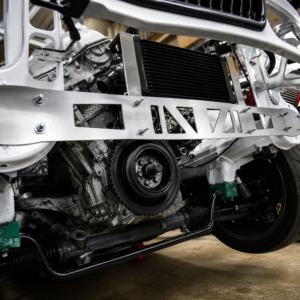 BMW E36 Aluminum Chassis Leg Brace with Oil Cooler Bracket